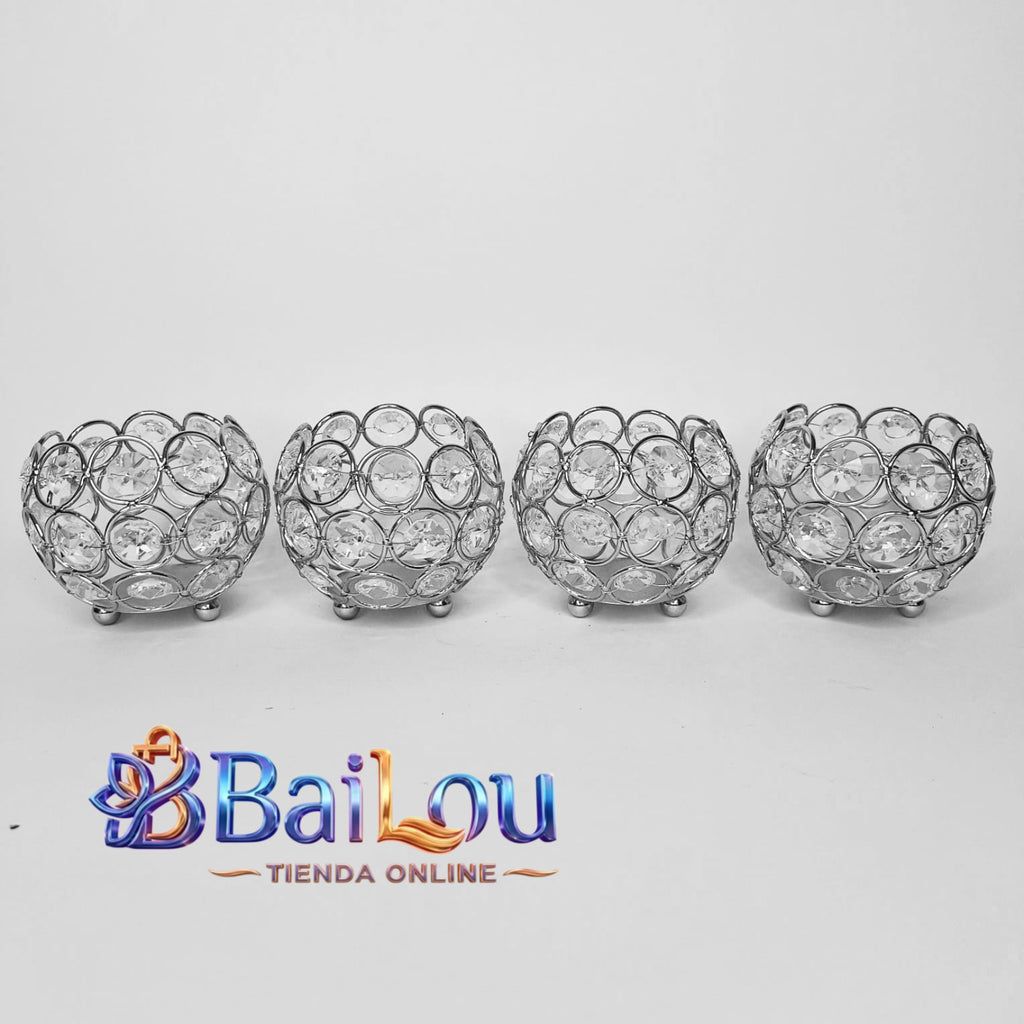 Juego de Portavelas Esféricos de Cristal y Metal Plateado con Detalles Brillantes