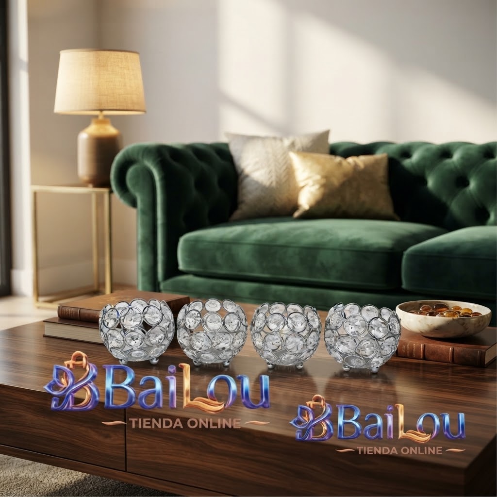 Juego de Portavelas Esféricos de Cristal y Metal Plateado con Detalles Brillantes